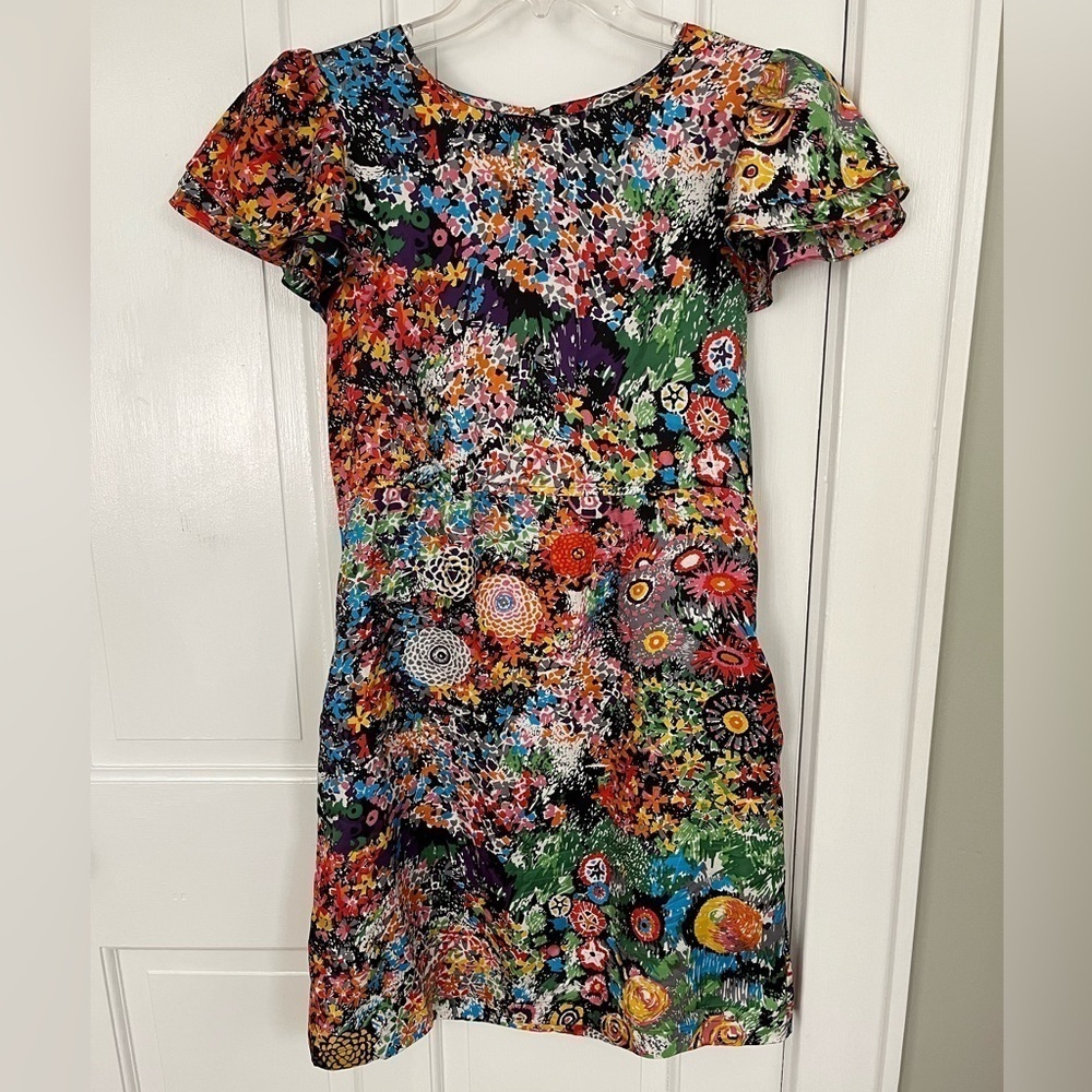 See by Chloe Multi Floral 100% Silk Dress Flutter Sleeve Vibrant Cottagecore US8